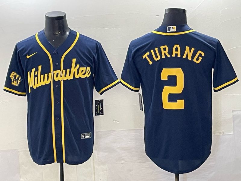 Men Milwaukee Brewers #2 Turang Drak Blue Nike MLB 2025 Jersey 01